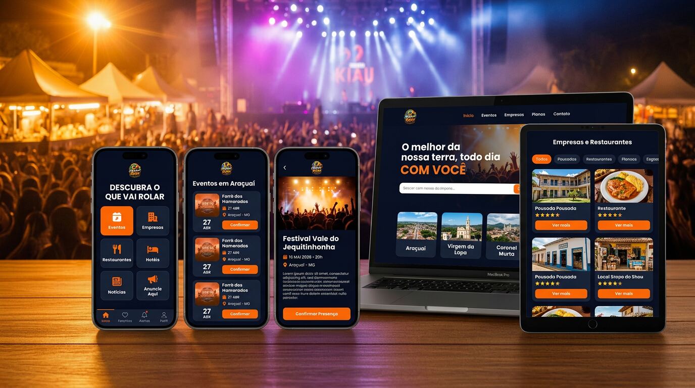 App Melhor do Kiau exibido em iPhones, MacBook e iPad com palco de show iluminado ao fundo